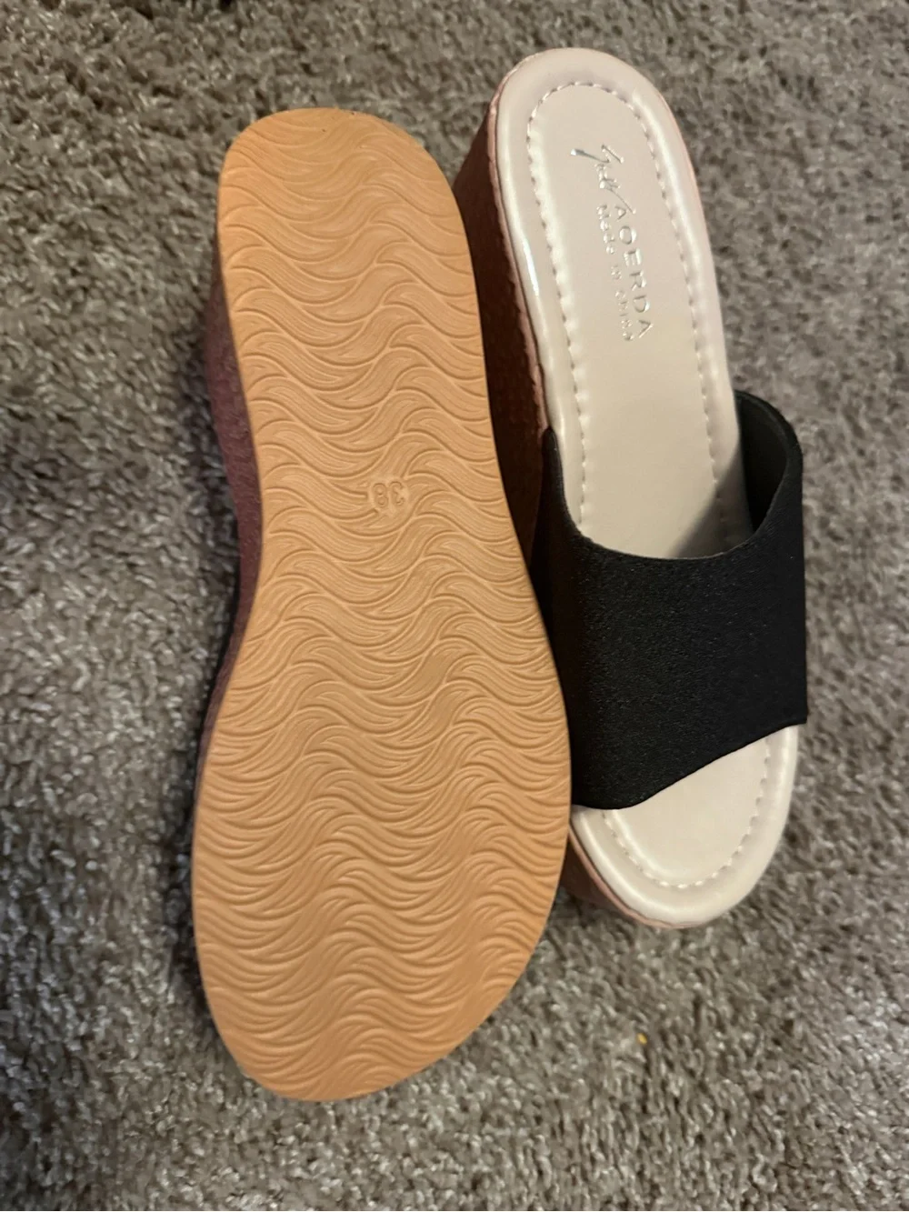 Fergalicious Black and Rose Gold Wedge Slide Sandals